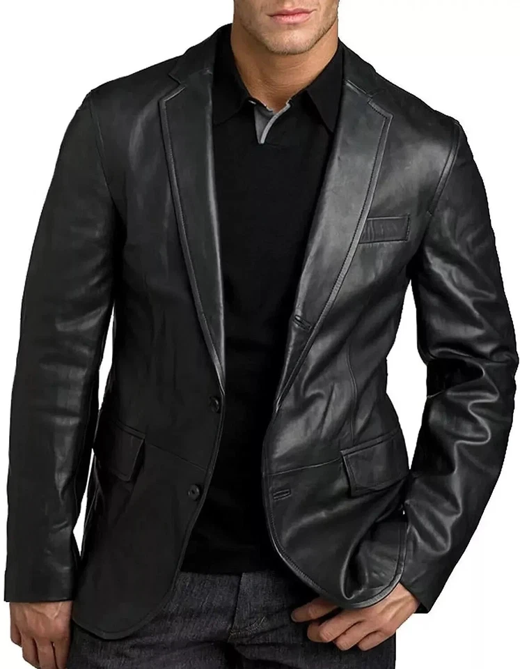 Men’s Genuine Lambskin Coat – Black Leather Two-Button Slim Fit Blazer - Image 1 of 3