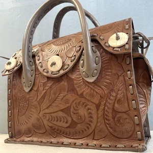 GRACE CONTINENTAL Carving Tribes Maestra Leather Handbag Brown Gray Floral - Picture 1 of 10