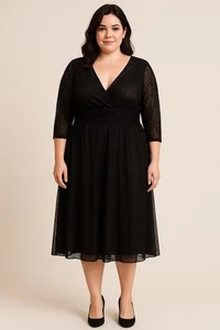 Maggy London schwarz Spitze Midikleid Größe 16 V-Ausschnitt 3/4 Ärmel Cocktail formell - Bild 1 von 3