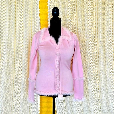 Vintage Y2k Coquette Pink Silk & Fur Trimmed Laceup Sweater British Khaki Size M - Image 1 of 4