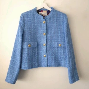 Zara blau Boucle kurze strukturierte Blazer Jacke Größe L Große 12 14 - Bild 1 von 5