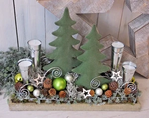Adventskranz, Adventsgesteck, Tablett natur länglich, Tannen, natur-grün - Bild 1 von 1