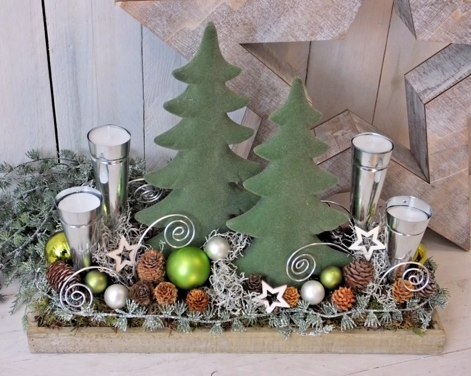 Adventskranz, Adventsgesteck, Tablett natur länglich, Tannen, natur-grün - Bild 1 von 1