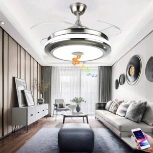 Modern Bluetooth Invisible Ceiling Fan LED Light Music Player Chandelier 36"/42" - Picture 1 of 27
