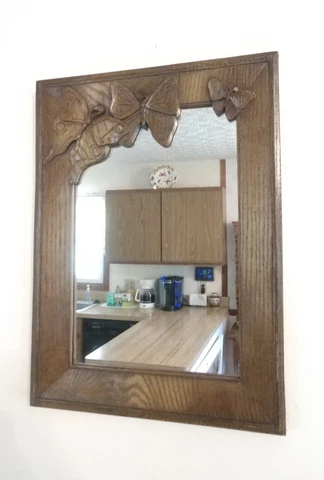 BEAUTIFUL BUTTERFLIES! 15" x 20" Carved Oak Mirror 1979 VINTAGE Abell for Ms. C Cover