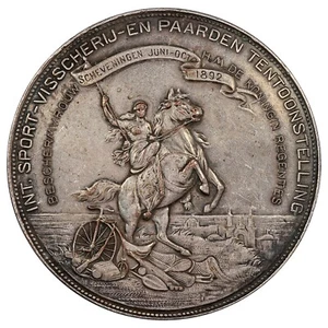 Pays-Bas médaille de revers 1892 Exposition internationale sport pêche chevaux - Imagen 1 de 3