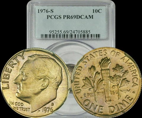 1976-S Roosevelt Dime PCGS PR69DCAM Unique Light Rainbow Color Toned Cover