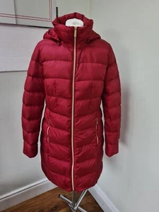 Michael Kors Long Jacket Coat Size 12 Red Wine Packable + Bag Hood Lightweight - Picture 1 of 10