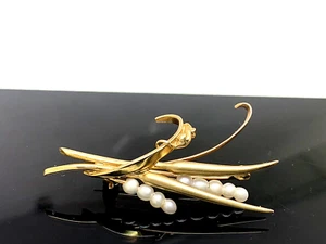 Broche botánico racimo de perlas de oro amarillo de 9 k joyería inmobiliaria vintage de 1,5"" de largo - Imagen 1 de 8