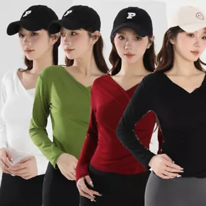 Women's Sexy V Neck Long Sleeve Workout Tops Fashion Ruched Yoga Nudity T Shirts - Picture 1 of 24