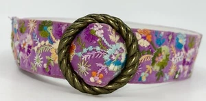 VINTAGE VELVET EMBROIDERED FLOWER POWER BELT HIPPIE BOHO FESTIVAL MOD BIG BUCKLE - Picture 1 of 4