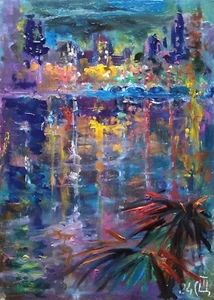 Cuadro original "Reflejos nocturnos de la ciudad." Óleo sobre cartón. 2024. - Imagen 1 de 1