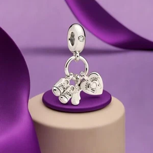 Baby Bottle & Shoes Dangle Charm a New Baby's Arrival with Silver NEW - Picture 1 of 2