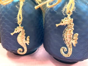 Set Blue Stained Glass Silver Seahorse Votive/Tea Light Holders Summer Coastal - Picture 1 of 3