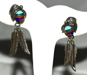 Pendientes colgantes Raymond Gasper Zuni turquesa coral malaquita ónix plata de ley - Imagen 1 de 8