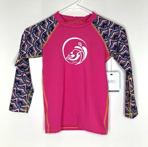Little Dolfin NWT Girls 7 long sleeve Swim Rash Guard Top Pink Contrast Sleeve - Picture 1 of 5