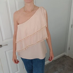 Reiss Blouse Size 12 Silk Peach Pink Summer Holiday Party One Shoulder Ruffle - Picture 1 of 6
