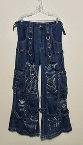 Tripp NYC Wide Leg Cargo Denim Strap Blue Studded Pants Baggy Goth Distressed S - Picture 1 of 5