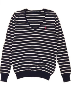 RALPH LAUREN Womens V-Neck Jumper Sweater UK 10 Small Navy Blue Striped AT12 - Picture 1 of 4