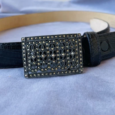 Fancy Judith Jack Sterling Silver Marcasite Belt Buckle Black Leather Belt Sz M - Image 1 of 4