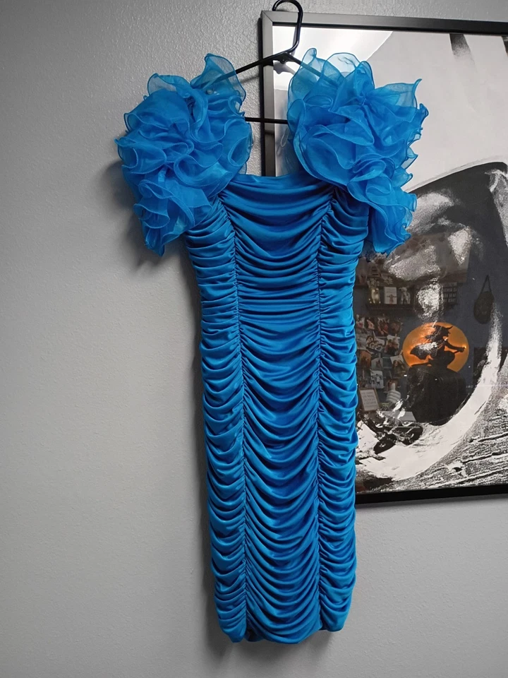 Vintage 80s Party Prom Dress Nadine Ruffles Teal Sz 1 USA Union Made - Image 1 of 4