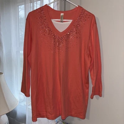 Top Morning Sun Damas Talla 2 XL Manga 3/4 Rosa Coral Con Estrás Foto 1 de 4