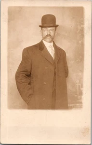 RPPC Antique Postcard Man with Mustache Glasses Hat Suit Studio Portrait KL11 - Picture 1 of 2