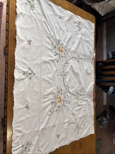 Vintage Embroidered Table Cloth Cotton Textile 116cm x 165cm - Floral - Picture 1 of 11