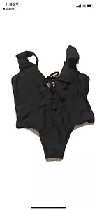 black ruffle swimsuit deep V - Picture 1 of 3