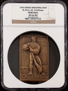 1934 Swiss Shooting Fest Medal, R-433a, AE, 57x87 mm, Fribourg, NGC MS 66 BN! - Picture 1 of 7