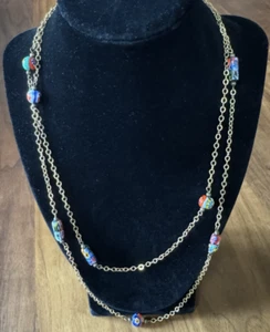 Vintage Flapper Venetian Millefiori Glass Beads Gold Tone Chain Necklace 45.5"   - Picture 1 of 16
