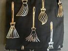 HALLOWEEN FABRIC BLACK  SHOWER CURTAIN METALLIC SILVER WITCH BROOMS
