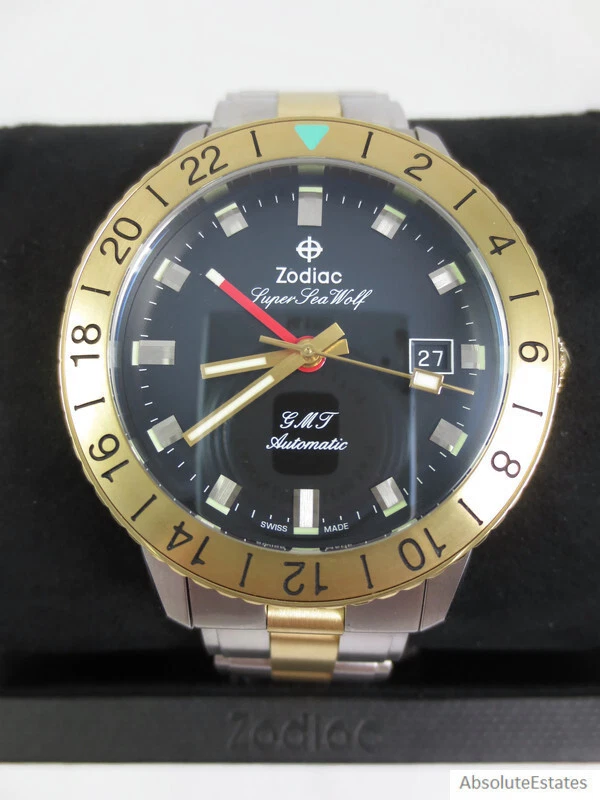 Zodiac Super Sea Wolf GMT Automatic Two Tone Black Mens Watch ZO9406 Box