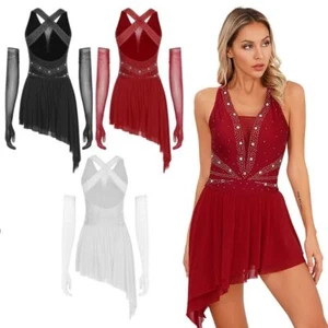 Women Outfit Lyrical Set Dress Dancewear With Long Gloves Ballroom Competition - Picture 1 of 30