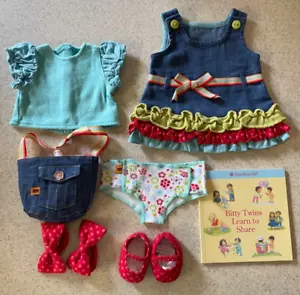 American Girl BITTY BABY TWINS Girl DENIM JUMPER Doll Meet Outfit w Book - Picture 1 of 2