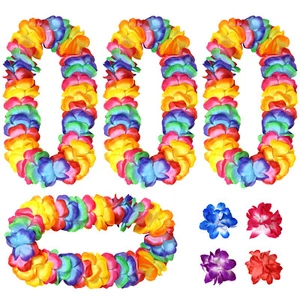 Confezione da 4 Collana Floreale Hawaii Leis Ispessita Arcobaleno e 4 Clip per Capelli Hula Party - Foto 1 di 7
