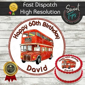 ROUTE MASTER BUS EDIBLE ROUND BIRTHDAY CAKE TOPPER DECORATION PERSONALISED - Picture 1 of 1