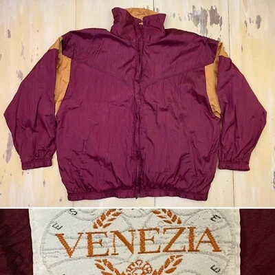 VENEZIA - Jaqueta mamãe corta-vento vermelha escura borgonha vintage década de 1990, feminina 2XL 22-24 - Imagem 1 de 4