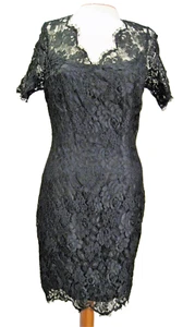 Christian Dior Size 6 Vintage Floral Lace Pencil Little Black Silk Shift Dress - Picture 1 of 9
