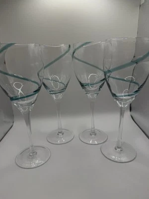 Pier 1 Teal Swirl Wine Glass Aqua Turquoise Swirline 9" tall X4 - Image 1 of 3
