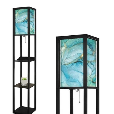 Cyan Blue Liquid Golden Stains Teal Turquoise Marble Floor Lamp with Shelves ... - Image 1 of 4