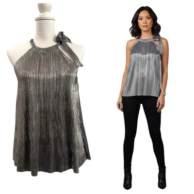 Blusa de fiesta fluida plisada halter plisada plateada metálica 1.State Foto 1 de 4