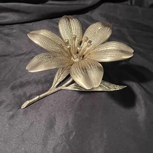 Hollywood Regency Brass Lotus Flower Party Ashtray Removable Petals Green Jewels - Picture 1 of 17