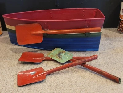 Vintage 1950’s  Child's Toy Shovel Beach Sand Box Pressed Steel Tin And Boat - Image 1 of 4
