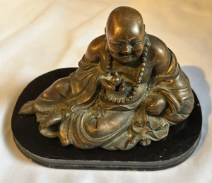 Vintage Antik Messing Buddha Figur auf Holzsockel Sammler Haus Landhaus Kunst - Bild 1 von 10