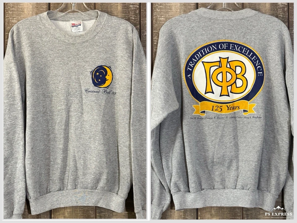 Sudadera De Colección Gamma Phi Beta Sorority Crescent Ball '99 Grande Gris 125 Años Foto 1 de 4