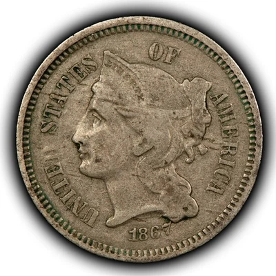 1867 3c Nickel Three-Cent Piece - Mint Error Retained Cud - VF+ - SKU-Z5965 - Image 1 of 4