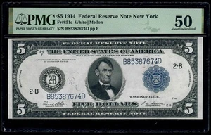 $5 1914 Federal Reserve New York Note Fr.851C About UNC PMG 50 - Picture 1 of 3