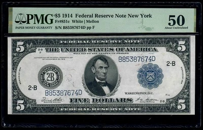 $5 1914 Federal Reserve New York Note Fr.851C About UNC PMG 50 - Image 1 of 3