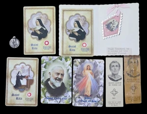 Catholic Relic Lot: Holy Cards & Medal St Rita Padre Pio Bl Martin Divine Mercy - Picture 1 of 15